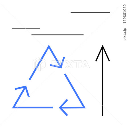 Circular blue recycle arrows and black upward arrow conveying sustainability and growth. Ideal for environmental, growth concepts, eco-friendly practices, progress themes, recycling, development 129881080