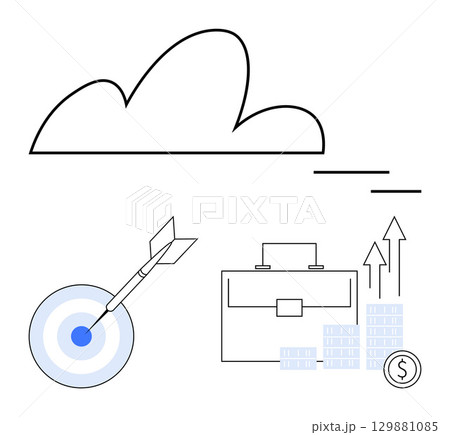 Cloud outline, target with arrow, briefcase, and money stacks with arrow symbols. Ideal for business growth, cloud computing, goal setting, financial success, investment productivity strategic Cloud outline, target with arrow, briefcase, and money stacks with arrow symbols. Ideal for business growth, cloud computing, goal setting, financial success, investment productivity strategic 129881085
