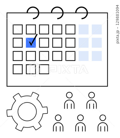 Calendar grid with check mark cogwheel, and group of people in black and blue colors. Ideal for scheduling, organization, planning, project management, productivity, teamwork, events. Line metaphor 129881094