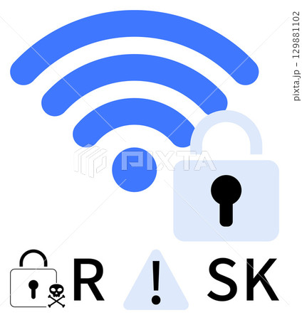 wireless symbol with a padlock, indicating network security. Small padlock with skull, exclamation mark, and letters R SK. Ideal for cybersecurity, wireless safety, online privacy, warnings digital 129881102