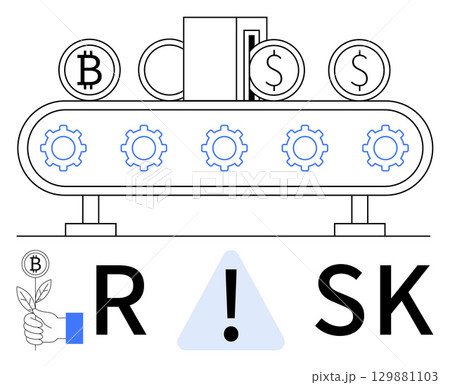 Financial conveyor belt with bitcoin and dollar symbols, risk warning sign. Ideal for finance, cryptocurrency, investment, economics, risk management, automation digital transactions. Line metaphor Financial conveyor belt with bitcoin and dollar symbols, risk warning sign. Ideal for finance, cryptocurrency, investment, economics, risk management, automation digital transactions. Line metaphor 129881103