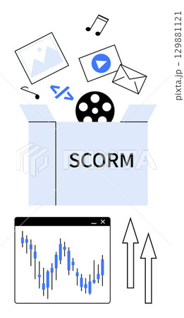 SCORM box containing multimedia elements, coding, and data rising. Growth chart below showing trends and success. Ideal for e-learning, digital education, online courses, content development SCORM box containing multimedia elements, coding, and data rising. Growth chart below showing trends and success. Ideal for e-learning, digital education, online courses, content development 129881121