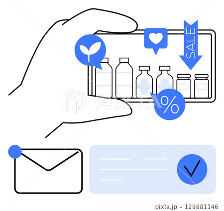 Hand holding smartphone displaying bottles with sale, thumbs up, and discount percentage icons. Includes envelope with notification checkmark. Ideal for online shopping, e-commerce, mobile apps Hand holding smartphone displaying bottles with sale, thumbs up, and discount percentage icons. Includes envelope with notification checkmark. Ideal for online shopping, e-commerce, mobile apps 129881146