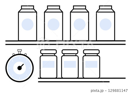 Shelves with bottles and jars, clock. Ideal for organization, time management, efficiency, storage, productivity, minimalism Line metaphor Shelves with bottles and jars, clock. Ideal for organization, time management, efficiency, storage, productivity, minimalism Line metaphor 129881147