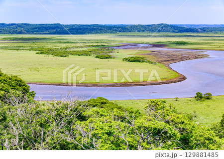 青空のもと、琵琶瀬展望台から望む霧多布湿原の風景 129881485