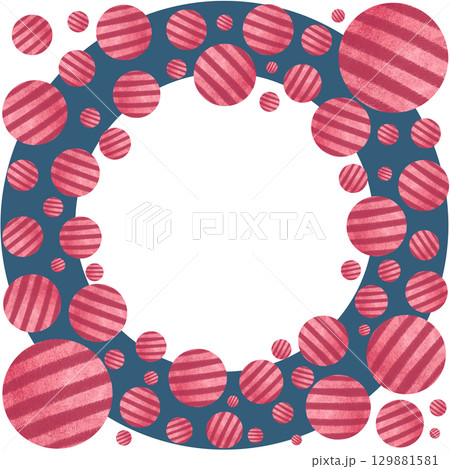 Red striped balls on a dark blue background. Watercolor circular frame isolated on white. Playful, clean layout perfect for cards, invitations, pet-themed designs, creative compositions, copy space 129881581