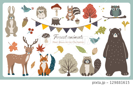 かわいい秋の森の動物たちの素材セット かわいい秋の森の動物たちの素材セット 129881615