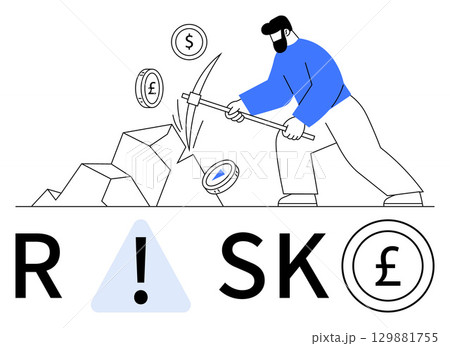 Person mining rocks for currency coins, including dollar and pound signs. RISK spelled out with exclamation mark between letters. Ideal for financial risk, investments, economics, business strategy 129881755