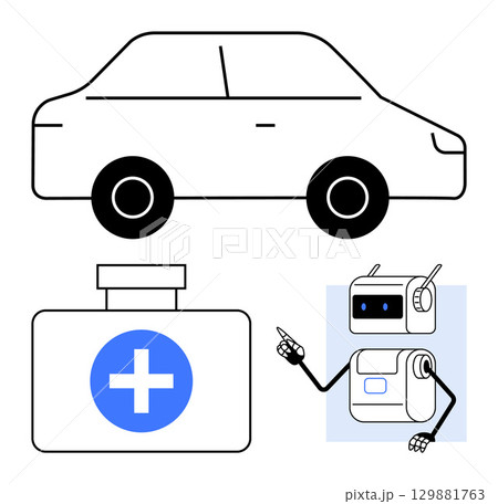 Car outline, first aid kit with cross, and robot with pointing gesture. Ideal for healthcare, medical technology, robotics, autonomous vehicles, AI assistance, emergency response, and innovation Car outline, first aid kit with cross, and robot with pointing gesture. Ideal for healthcare, medical technology, robotics, autonomous vehicles, AI assistance, emergency response, and innovation 129881763