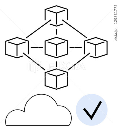 Interconnected cubes form a network structure beside a cloud storage icon and a checkmark. Ideal for cloud computing, network design, data storage, blockchain, connectivity solutions, digital 129881772