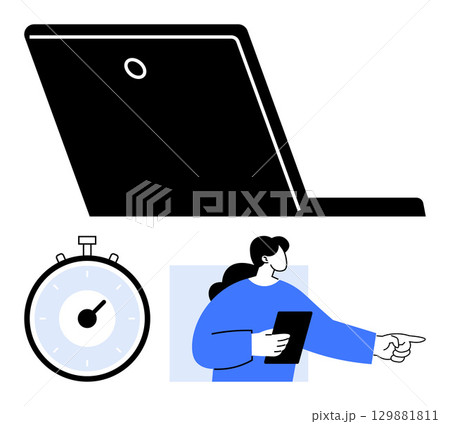 Laptop stopwatch and a person with a tablet extending arm. Ideal for time management, productivity tools, remote work, efficiency, digital organization, task prioritization, goal tracking. Line 129881811