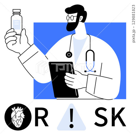 Doctor holding a medicine bottle and tablet, wearing a stethoscope. Heart symbol and exclamation mark warning. Ideal for healthcare, medical advice, preventive care, pharmaceutical use Doctor holding a medicine bottle and tablet, wearing a stethoscope. Heart symbol and exclamation mark warning. Ideal for healthcare, medical advice, preventive care, pharmaceutical use 129881823