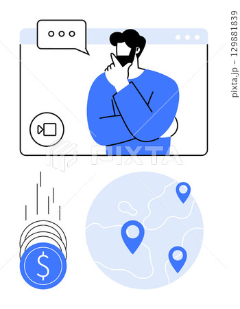 Man engaged in a virtual meeting while thinking, video call icon, coins, and map with location pins. Ideal for remote work, virtual meetings, global business, finance, investment strategies online Man engaged in a virtual meeting while thinking, video call icon, coins, and map with location pins. Ideal for remote work, virtual meetings, global business, finance, investment strategies online 129881839
