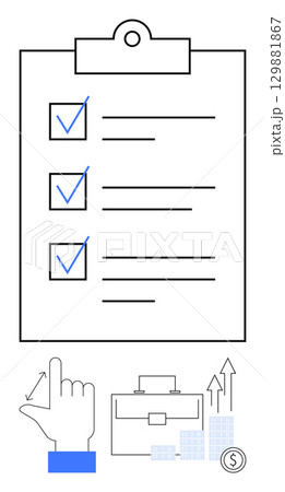 Hand pointing at checklist on clipboard with three checked boxes. Icons of briefcase, ascending arrows, bar graphs, and dollar coin. Ideal for productivity, organization, business growth, financial 129881867