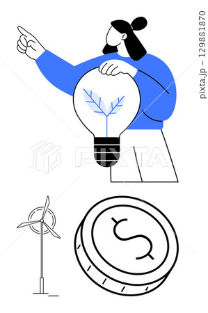 Person holding light bulb with leaf inside, pointing towards wind turbine and dollar coin. Ideal for renewable energy, green finance, sustainability, environmental campaigns, educational materials Person holding light bulb with leaf inside, pointing towards wind turbine and dollar coin. Ideal for renewable energy, green finance, sustainability, environmental campaigns, educational materials 129881870