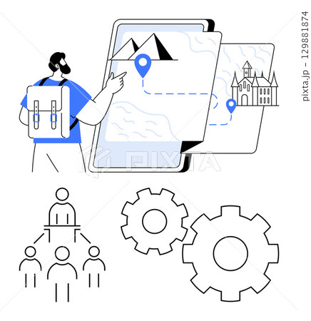 Traveler with backpack interacts with digital map showing a route. Also features gears symbolizing processes and a hierarchical organizational chart. Ideal for travel, navigation, planning Traveler with backpack interacts with digital map showing a route. Also features gears symbolizing processes and a hierarchical organizational chart. Ideal for travel, navigation, planning 129881874