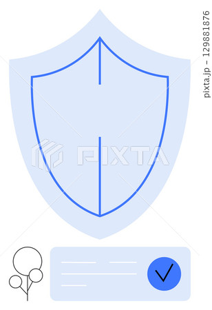 Large blue shield with a checkmark on document, indicating approval and safety. Ideal for themes thumbs up cybersecurity, validation, trust, safety, secure transactions, verified services 129881876