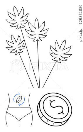 Cannabis plants, coin with dollar sign, arrow rotating over abdomen area. Ideal for health and wellness, medicine, financial investment, cannabis industry, alternative medicine, fitness holistic 129881886