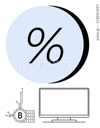 Percentage symbol in a blue circle with shadow highlight. Below, a Bitcoin cryptocurrency circuit connects to a blank monitor screen. Ideal for fintech, economics, investment, education, blockchain Percentage symbol in a blue circle with shadow highlight. Below, a Bitcoin cryptocurrency circuit connects to a blank monitor screen. Ideal for fintech, economics, investment, education, blockchain 129881897