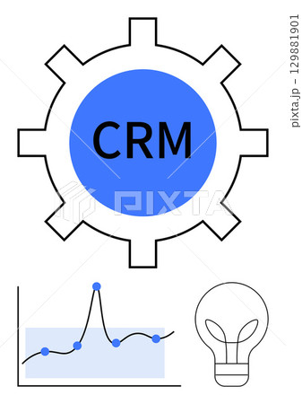 Gear with CRM data chart lightbulb represent efficiency analytics innovation productivity, growth, strategy. Ideal for business, solutions, technology, marketing, management, insights 129881901