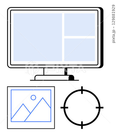 Computer monitor with a divided screen layout, a framed landscape image with mountains, and a target icon. Ideal for web design, project management, photography, media planning, IT services, graphic Computer monitor with a divided screen layout, a framed landscape image with mountains, and a target icon. Ideal for web design, project management, photography, media planning, IT services, graphic 129881929