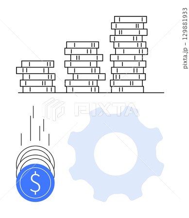 Coins stacking into piles, falling coins, and a cogwheel representing financial growth. Ideal for economics, business strategies, financial planning, investment ideas, wealth management, process 129881933