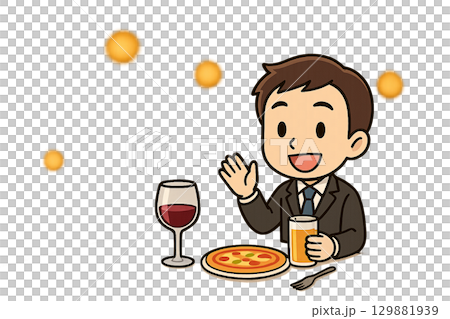 Illustration of a miniature male character signaling with red wine and pizza 129881939