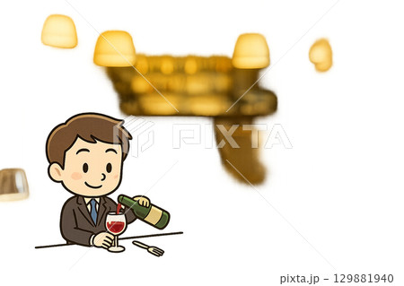 イタリアンレストランでワインを注ぐミニキャラ男性のイラスト 129881940