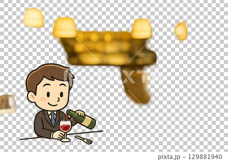 義大利餐廳裡一個微型男性角色倒酒的插圖 129881940