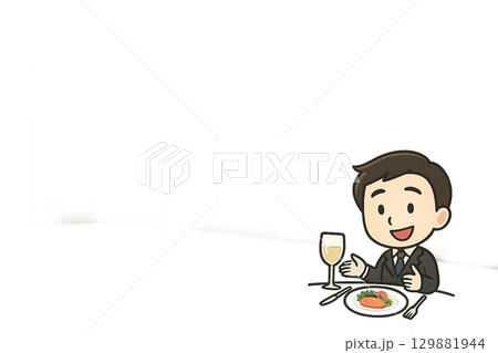 前菜プレートを前に会話を楽しむミニキャラ男性のイラスト 129881944