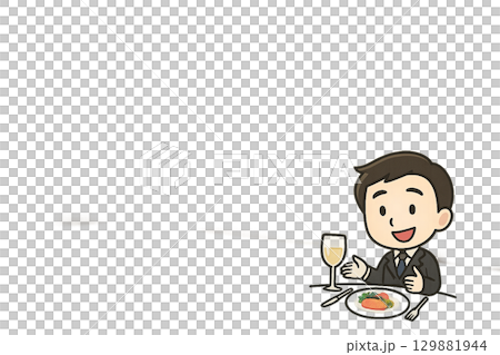 前菜プレートを前に会話を楽しむミニキャラ男性のイラスト 129881944