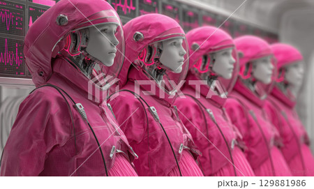 Futuristic concept of pregnant robots nurturing human embryos in advanced technological environment 129881986