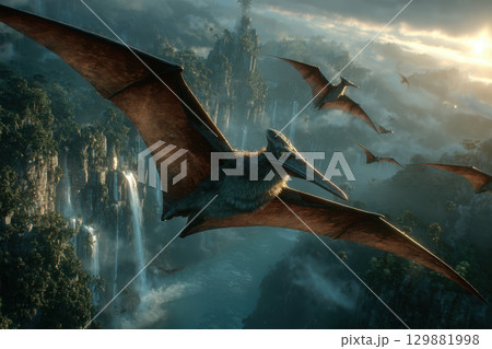 Majestic pterosaurs soar over lush prehistoric landscape with waterfalls and misty mountains 129881998