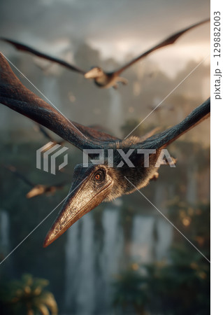 Vertical view of pterosaurs soaring over prehistoric jungle 129882003