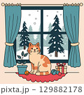 A ginger cat is sitting on a window with a winter forest outside.. Vector illustration 129882178
