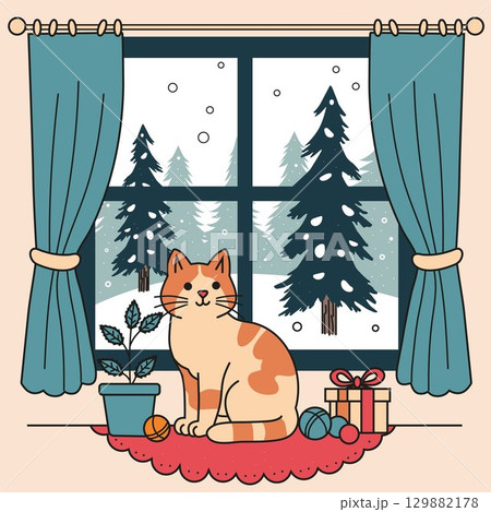 A ginger cat is sitting on a window with a winter forest outside.. Vector illustration 129882178