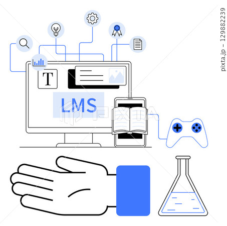 Computer with LMS interface, open book, game controller, hand, and chemistry flask. Ideal for education, online learning, e-learning technology interactivity gamification science. Line metaphor Computer with LMS interface, open book, game controller, hand, and chemistry flask. Ideal for education, online learning, e-learning technology interactivity gamification science. Line metaphor 129882239