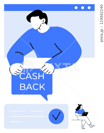 Man holding cash back sign on computer screen with woman working on laptop. Ideal for finance, rewards programs, e-commerce, online shopping, marketing, promotions, digital transactions. Line Man holding cash back sign on computer screen with woman working on laptop. Ideal for finance, rewards programs, e-commerce, online shopping, marketing, promotions, digital transactions. Line 129882240