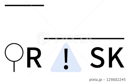 Magnifying glass, exclamation mark inside a triangle, and the word RISK represented with minimalistic elements. Ideal for safety warnings, risk management, caution signs, business security, financial 129882245