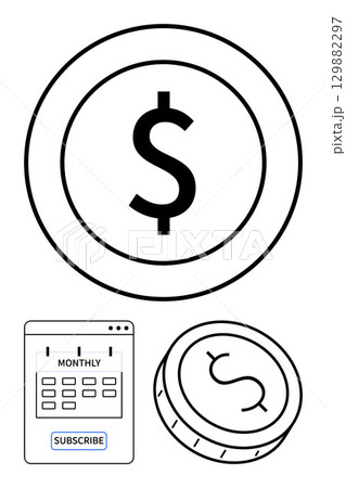 Large and small dollar coins next to a monthly subscription calendar. Ideal for finance, budgeting, subscriptions, investments, savings, online payments, and e-commerce. Line metaphor Large and small dollar coins next to a monthly subscription calendar. Ideal for finance, budgeting, subscriptions, investments, savings, online payments, and e-commerce. Line metaphor 129882297
