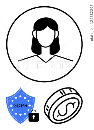 Female user avatar, GDPR shield with lock, and dollar coin highlighting data protection, privacy, and financial security. Ideal for data protection, privacy, finance, legal security business Female user avatar, GDPR shield with lock, and dollar coin highlighting data protection, privacy, and financial security. Ideal for data protection, privacy, finance, legal security business 129882298