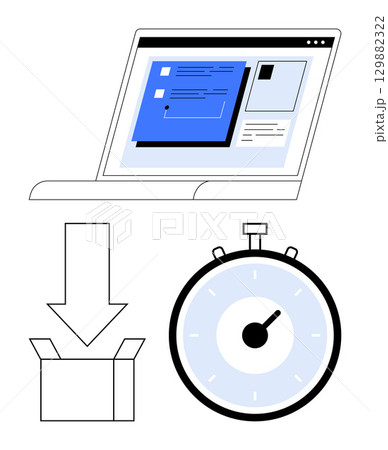 Laptop with online shopping interface, down arrow to open box, stopwatch representing fast delivery. Ideal for e-commerce, online shopping, delivery services, technology, time management, logistics 129882322