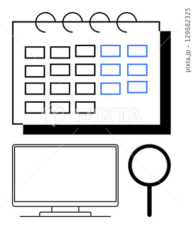 Calendar with multiple dates, a desktop monitor, and a magnifying glass. Ideal for productivity, scheduling, task management, office work, time management analysis and organization. Line metaphor Calendar with multiple dates, a desktop monitor, and a magnifying glass. Ideal for productivity, scheduling, task management, office work, time management analysis and organization. Line metaphor 129882325