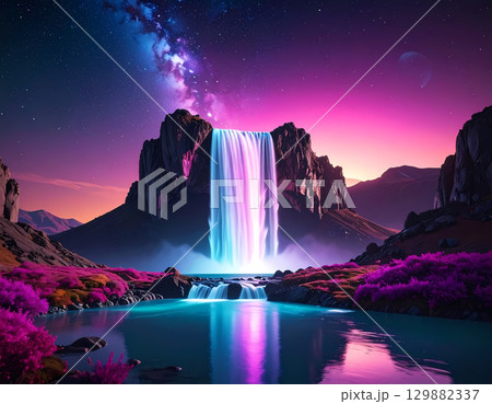 Serene fantasy landscape with vibrant glowing waterfall under magical starry sky, milky way, and planet reflecting in tranquil lake 129882337