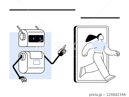 Robot with antenna and screen face points to a woman in motion on a giant rectangular screen. Ideal for technology, innovation, virtual interaction, AI, future, robotics, human-machine relationship Robot with antenna and screen face points to a woman in motion on a giant rectangular screen. Ideal for technology, innovation, virtual interaction, AI, future, robotics, human-machine relationship 129882346