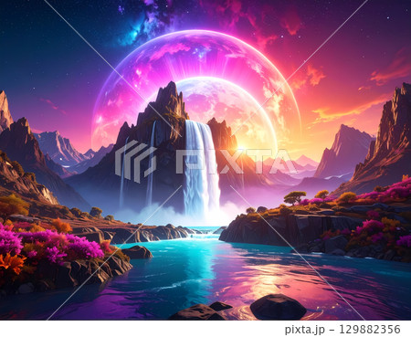 Magical fantasy landscape of serene waterfall and glowing river under colorful vibrant planet at sunset. wondrous otherworldly view 129882356