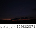 A quiet rural scene at nightfall with deep shadows over a rice field. The last light of sunset casts a subtle orange and purple hue behind dark clouds and silhouetted hills. 129882371