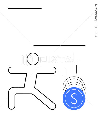Simplified human figure running towards falling blue coins with dollar sign. Ideal for finance, investment, savings, economic growth, business strategy, wealth management, financial planning. Line 129882374