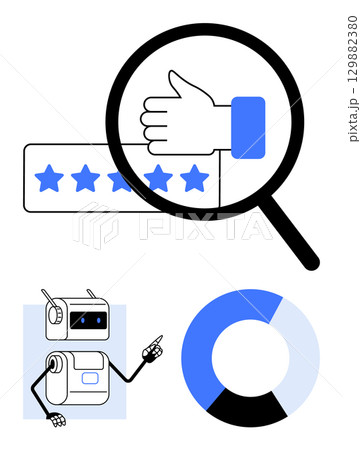 Magnifying glass with thumbs up and star rating, robot pointing, and blue-black circular chart. Ideal for customer feedback, automation, reviews, satisfaction, analytics, robotics, data Magnifying glass with thumbs up and star rating, robot pointing, and blue-black circular chart. Ideal for customer feedback, automation, reviews, satisfaction, analytics, robotics, data 129882380