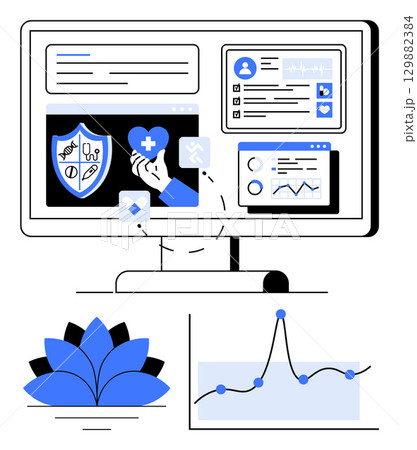 Computer screen with health data security symbol lotus line chart. Ideal for technology, wellness, security, data analysis, healthcare, innovation, digital transformation. Line metaphor Computer screen with health data security symbol lotus line chart. Ideal for technology, wellness, security, data analysis, healthcare, innovation, digital transformation. Line metaphor 129882384